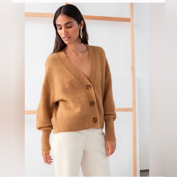 & Other Stories Alpaca Wool Blend Puff Sleeve button Carmel Cardigan sweater S - Picture 1 of 11